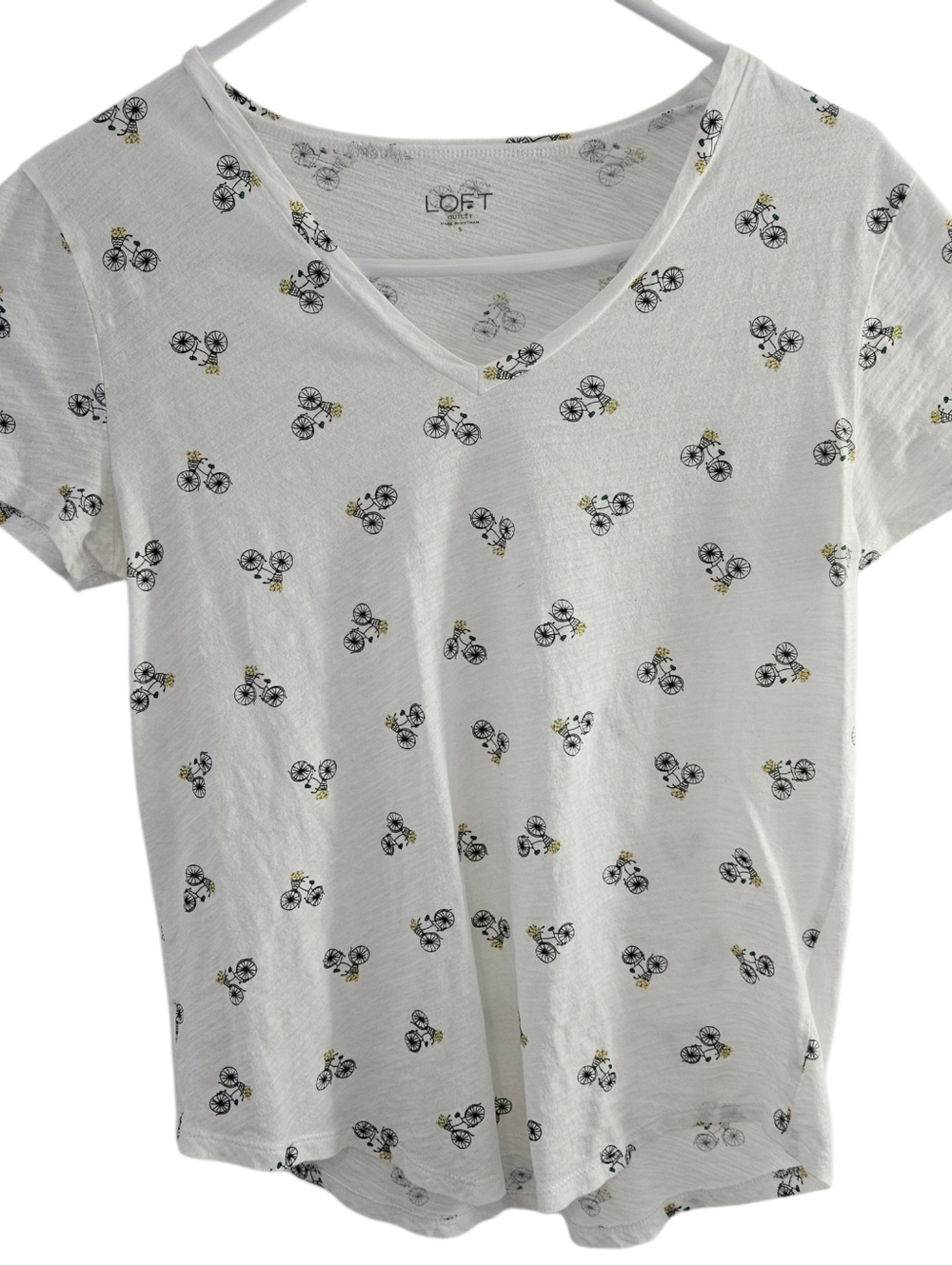 LOFT Outlet White V-Neck Tee with Black Bicycle Print and Yellow Accents
